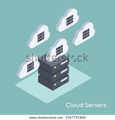 Cloud Data Migration or Server Infrastructure Management. Vector Illustration in Flat Isometric Style.