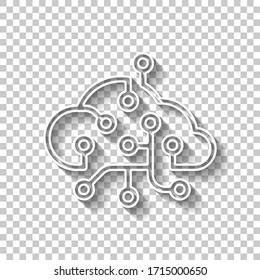 Cloud Data Network, Storage Center. Icon Of Internet Technology. White Outline Sign With Shadow On Transparent Background