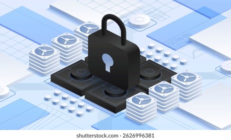 Proteção de dados na nuvem com criptografia antivírus. Segurança de cadeado. Pilhas de servidores e componentes de computador. Elementos tecnológicos. Ambiente seguro e de alta tecnologia. Ilustração de vetor isométrico