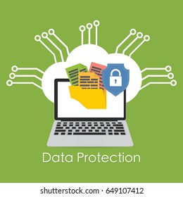 Cloud data protection banner. Computer laptop with folder lock icon file protection. Data security and privacy concept. Safe confidential information. Vector illustration in flat style.