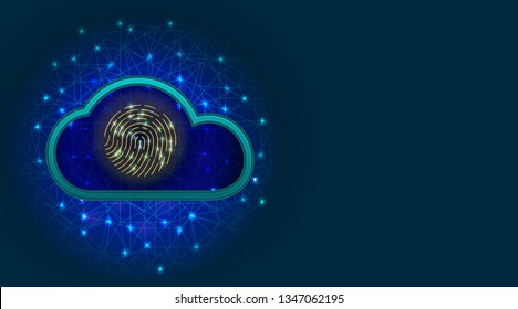 Cloud data protection concept with biometric fingerprint scanner on blue background. Cyber security technology. Vector illustration