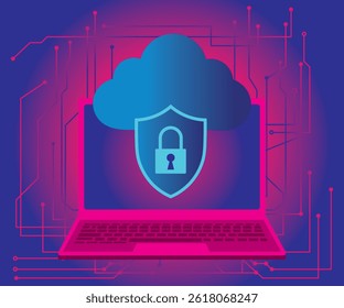 Cloud data protection with cyber security lock icon on laptop and futuristic circuit background