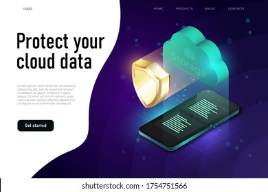 cloud data protection illustration, protect your cloud data text. Concept of cloud computing and protecting data.