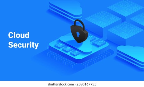 Cloud data protection isometric vector illustration. Secure padlock on a blue cloud icon. Data security, digital storage, and online safety. Ideal for topics on cloud-based services and cybersecurity
