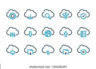 Cloud data related line icons. Cloud network and data vector linear icon set.