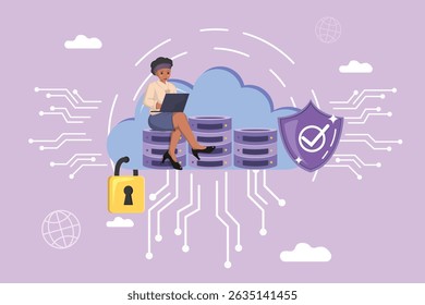 Segurança de dados na nuvem: uma mulher confiante protegendo informações em um notebook, ilustrando uma proteção digital robusta para bancos de dados armazenados na nuvem com travas e escudos.