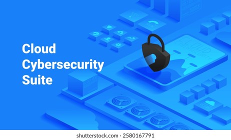 Cloud data security isometric vector illustration. Lock symbol on a tablet, server components, and cloud icons. Digital security and cloud technology integration. Ideal for cybersecurity services