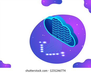 Cloud data server on glowing purple background isometric design for data management.