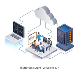 Equipo del centro de seguridad del servidor de datos de la nube, ilustración 3d infográfica isométrica plana