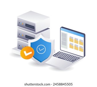 Seguridad del servidor de datos en la nube, ilustración 3D infográfica isométrica plana