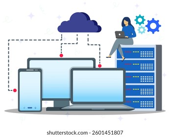 Cloud data server shared concept. A woman using laptop to controlling shared data for some devices. Cloud support, hosting, SAAS technology, data center. 