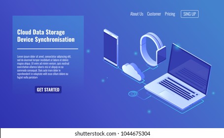 Cloud Data Server Storage, Electronic Devices Data Synchronization, Mobile Phone Smartphone, Smartwatch, Laptop Isometric Vector Icons