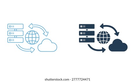 Cloud data server synchronization icon set depicting global network transfer between storage units and remote cloud systems in professional line and solid vector styles for web and app interfaces
