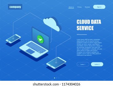 Cloud data service banner. Illustration with laptop phone and tablet synchronization