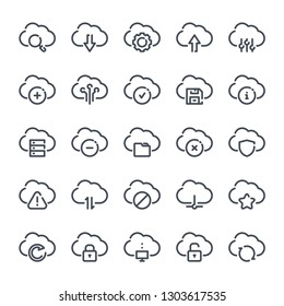 Cloud data and service bold line icon set. Web hosting linear icons. Cloud platform outline vector sign collection.