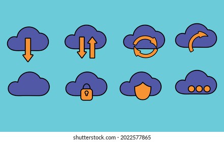 Cloud data. A set of cloud loading icons in blue, yellow