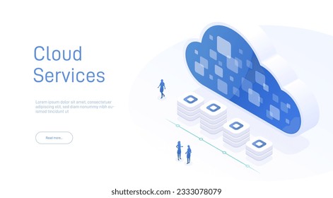 Cloud-Datenspeicher 3D-Abbildung. Konzeption der Cloud-Speicherung, Datenübertragung. Rechenzentrum, Konzept der Cloud-Speicherung. Online-Computing-Speicher 3D isometrisch. Online-Computing-Technologie. 