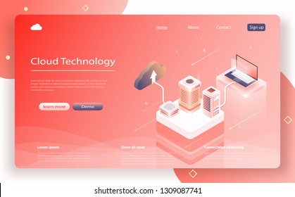 Cloud data storage 3d isometric infographic illustration. Big data flow processing concept, cloud database. Modern cloud technology, networking concept. Digital service or app with data transfering
