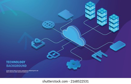 Cloud data storage 3d isometric infographic illustration, landing page layout, vector web template, smart modern technolodgy concept. technology background.