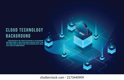 Cloud data storage 3d isometric infographic illustration, landing page layout, vector web template, smart modern technology concept. Cloud technology background.