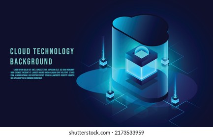 Cloud data storage 3d isometric infographic illustration, landing page layout, vector web template, smart modern technology concept. Cloud technology background.