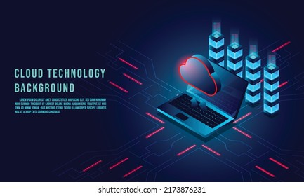 Cloud data storage 3d isometric infographic illustration, landing page layout, vector web template, smart modern technology concept. Cloud technology background.