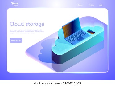Cloud data storage abstract concept. Isometric web page template. Vector illustration depicting a smartphone and laptop on the cloud. Online data hosting and backup.