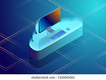 Cloud data storage abstract concept. Isometric vector illustration depicting a personal computer on the cloud. Online data hosting and backup.