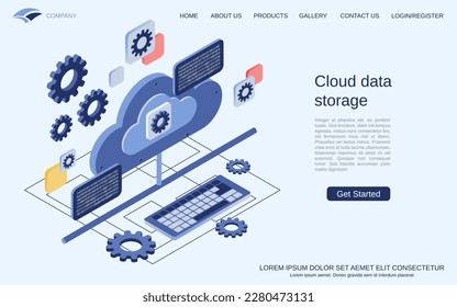 Cloud data storage, data backup, synchronization flat 3d isometric vector concept illustration