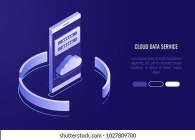 Cloud data storage banner, smartphone with cloud icon and authorization form isometric illustration Cloud data storage banner, smartphone with cloud icon and authorization form isometric illustration