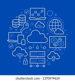 Afiche del círculo de almacenamiento de datos en nube con iconos de línea. Fondo de base de datos, información, centro de servidores, red global, backup, ilustraciones vectoriales de seguridad. Plantilla blanca azul de la tecnología.