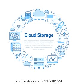 Cloud Data Storage Circle Poster With Line Icons. Database Background, Information, Server Center, Global Network, Backup, Security Vector Illustrations. Technology Blue White Template.