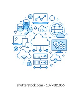 Cloud data storage circle poster with line icons. Database background, information, server center, global network, backup, security vector illustrations. Technology blue white template.