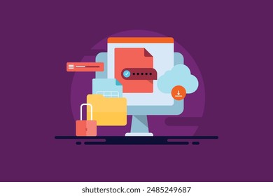 Cloud data storage, Cloud computing technology, Downloading files form secure cloud server, Cloud data storage usage - vector illustration with icons