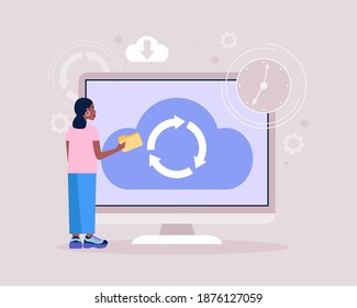 Concepto de almacenamiento de datos en la nube. Ilustración de vector plana colorida.