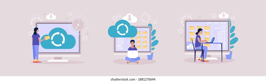 Cloud data storage concept. Colorful flat vector illustration.