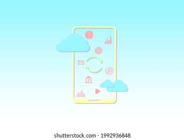 Cloud data storage concept. Cloud computing and smartphone synchronize, wifi, money, data, and lock security icon on blue background. Communication of business and financial. 