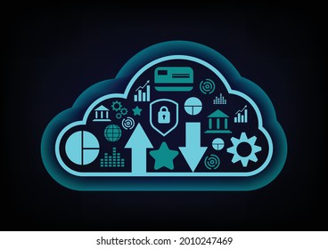 Cloud data storage concept. Cloud computing, wifi, money, data and lock security Communication of business and financial. 