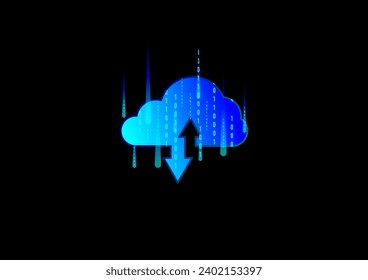 Cloud data storage concept. Cloud computing with binary numbers on a black background. Digital data server technology. Internet communication.