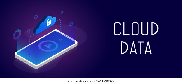 Cloud Data Storage concept. Mobile smartphone exchanging secure data with a cloud service. Download and backup personal information. Header and footer banner template with text