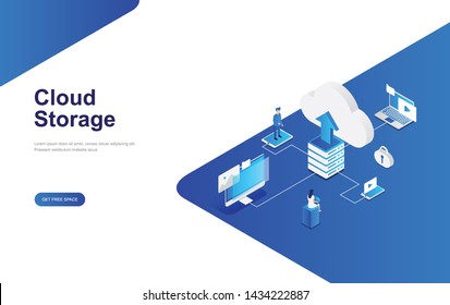 Cloud data storage concept with people character. Landing page template. 3d vector isometric illustration