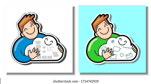 cloud data storage concept. A smiling man holds a smiling cloud in his hands with data, e-mail, files, passwords. Convenient use, friendly interface. Modern flat vector image.