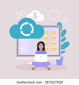 Cloud data storage concept. Young woman uploading data to cloud on computer. Colorful flat vector illustration.