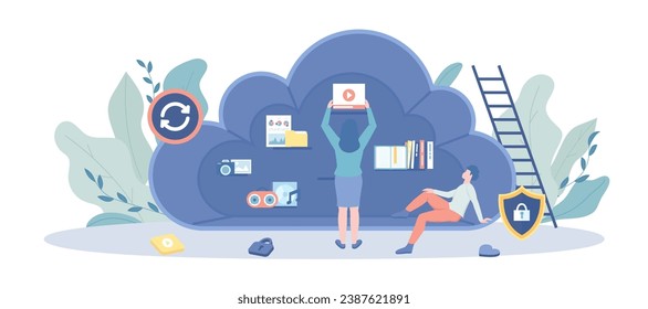 Cloud Data Storage. Electronic file organization service, information backup, transfer, synchronization. Vector illustration with character situation for web.	

