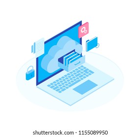 Cloud data storage flat 3d isometric business technology server concept. Laptop with Document drawer in cloud-shaped cabinet. Modern isometric vector illustration.