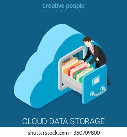 Cloud Data Storage Flat 3d Isometry Isometric Business Technology Server Concept Web Vector Illustration. Businessman Put In Document Drawer Folder In Cloud-shaped Cabinet. Creative People Collection.