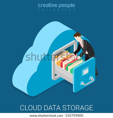 Cloud data storage flat 3d isometry isometric business technology server concept web vector illustration. Businessman put in document drawer folder in cloud-shaped cabinet. Creative people collection.