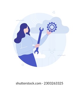 Ilustración vectorial del concepto de almacenamiento de datos en la nube. Ingeniero de redes virtuales con herramientas. Escena con carácter para diseño web. Idea creativa para sitio web, móvil, presentación