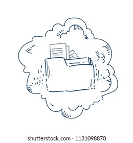 Cloud data storage folder file sharing service concept over white background sketch doodle banner vector illustration