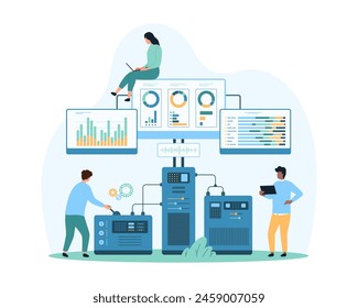 Cloud data storage, hosting, data processing and file analysis in computing system. Tiny people monitoring charts and workflow diagrams, work with equipment online cartoon vector illustration